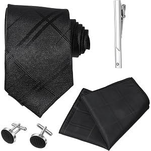 COMNICO Men's Tie Silk Necktie and Pocket Square Cufflink Tie Clip Set | Black Formal Necktie Hankerchief for Men Business We