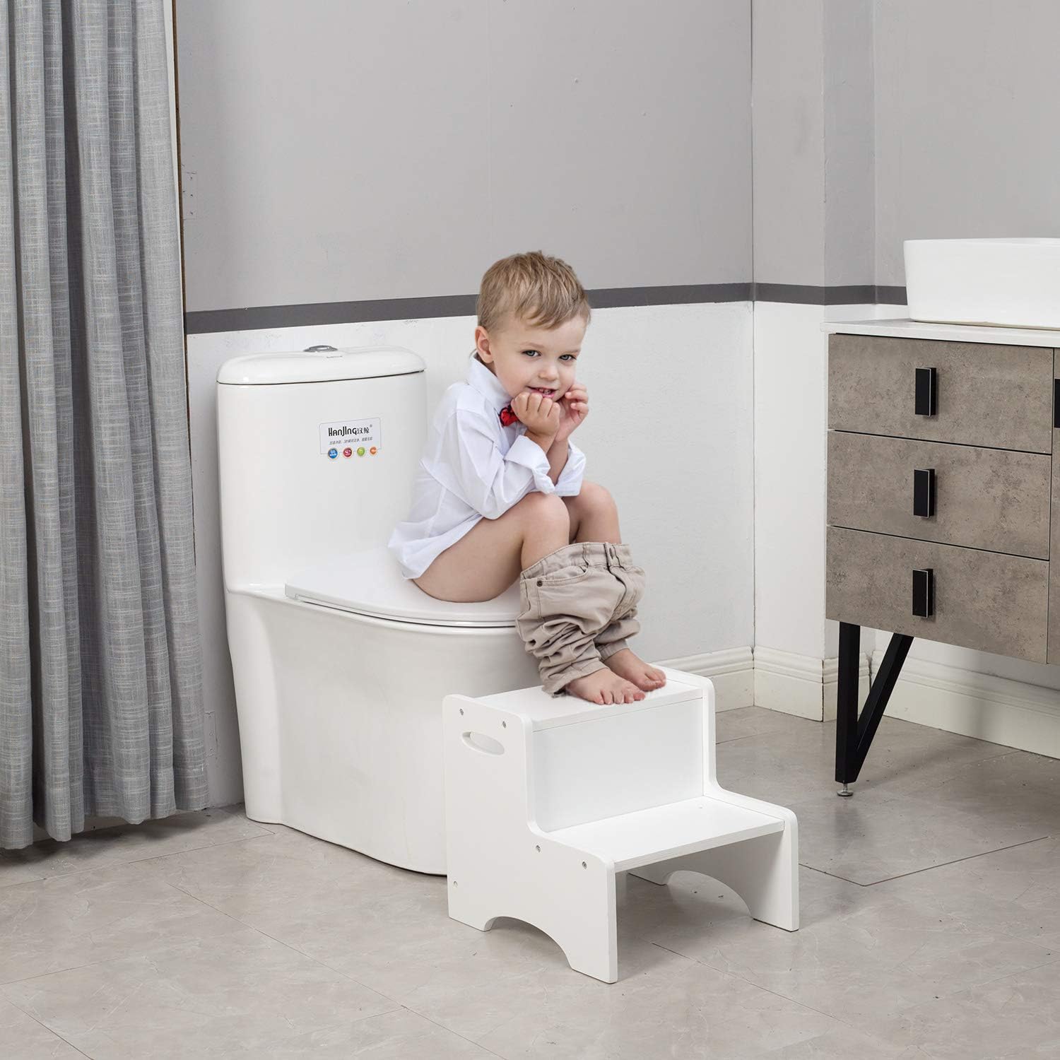 WOOD CITY Wooden Toddler Step Stool for Kids, White Two Step Children's Stool with Handles, Bonus Non-Slip Pads for Safety, Bathroom Potty Stool & Kitchen Step Stools Dual Height: Furniture & Decor