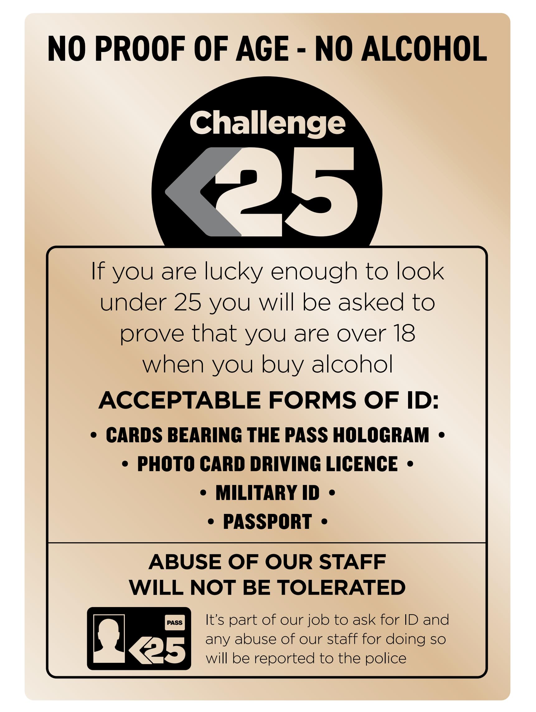 Challenge 25 Sign Gold A4 297 x 210mm Alcohol Law Sign Pub Bar Restaurant
