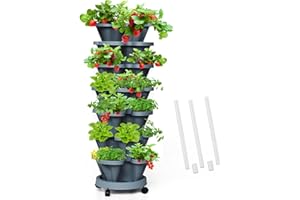 Tectsia Strawberry Vertical Planters Tower Garden, 7 Tiered Stacking Herb Vegetable Planter with Support Pole Indoor and Outdoor - Dark Grey
