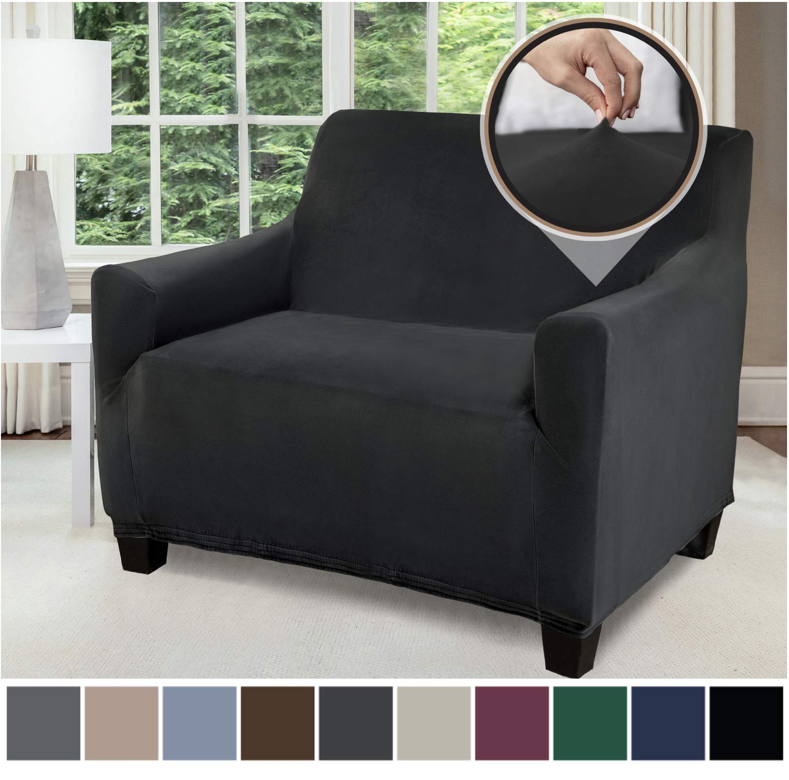 Gorilla Grip Original Fitted Velvet 1 Piece Chair Protector for Seat Width up to 48 Inch, Stretchy Furniture Slipcover, Fastener Straps, Spandex Chair Cover Throw for Pets, Dogs, Armchair, Black