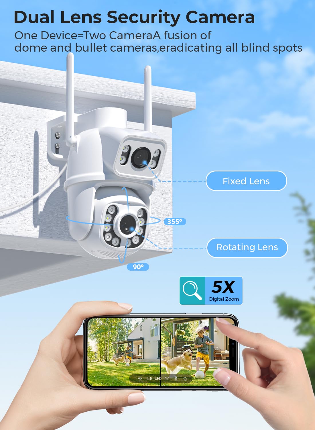 Outdoor Camera Wireless for Home Security, 2K/6MP Outside WiFi Cameras IP66 PTZ Outdoor Camera with Dual Lens, Auto Tracking,Human Detection,Color Night Vision,24/7 Record,Two-Way Audio,Support Alexa