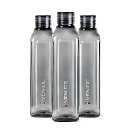 Cello Venice Plastic Water Bottle, 1 Litre, Set of 3, Black