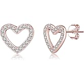 Reffeer Solid 925 Sterling Silver CZ Heart Stud Earrings for Women Teen Girls Open Heart Earrings Stud Hypoallergenic