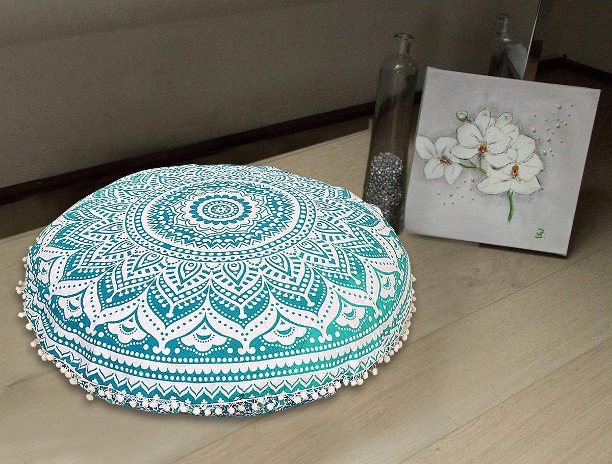 Radhykrishnafashions Indian 32" Large Hippie Mandala Floor Pillow Cover Cushion Cover Round Bohemian Yoga Decor Floor Cushion Case (Green Ombra)
