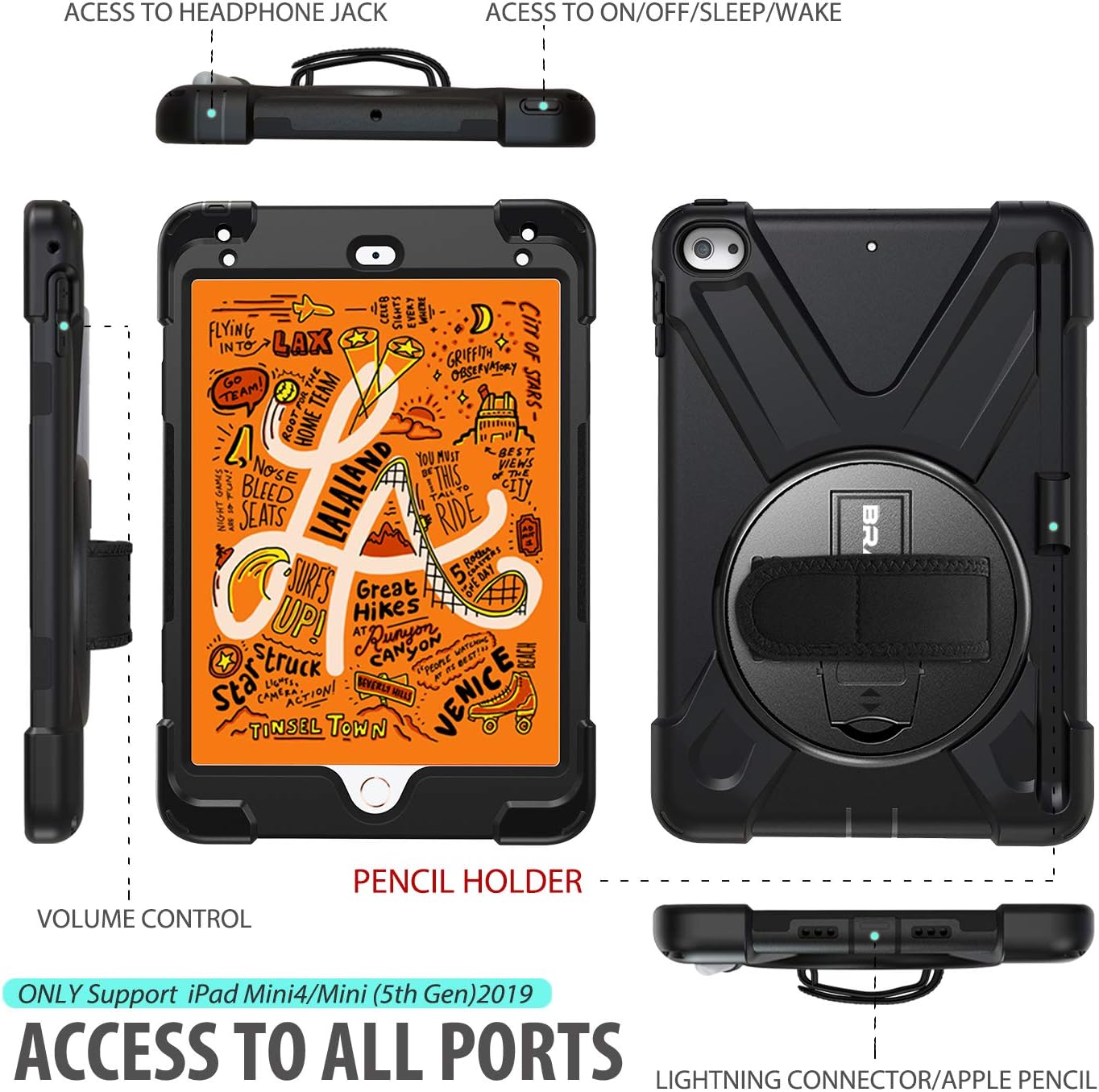 BRAECN Case for iPad Mini 4, iPad Mini 5, Heavy Duty Shockproof Protective Rugged Case with Pencil Holder, Hand Strap - Image 3