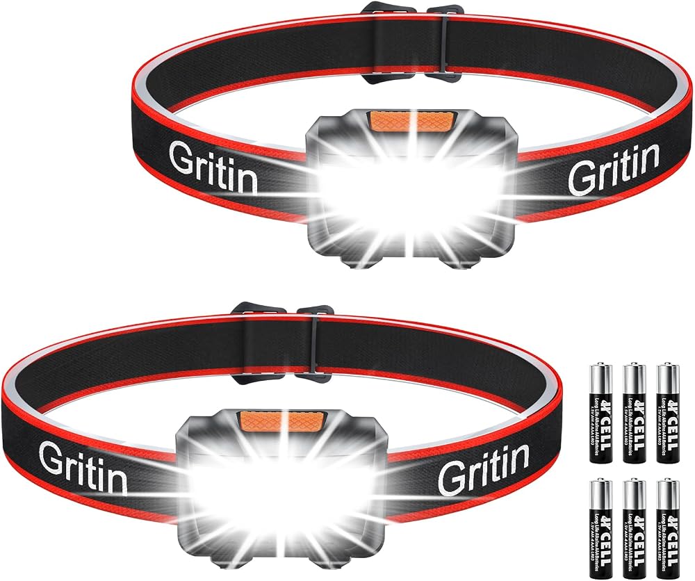 Gritin LED Head Torch 2 Pack 3 Modes Waterproof Adjustable 6 AAA Included
