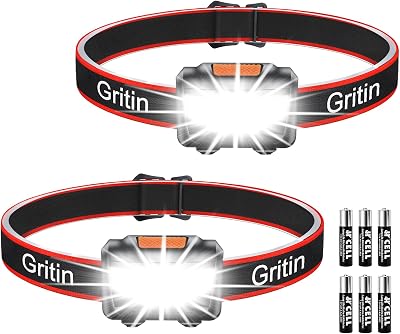 Gritin LED Head Torch 2 Pack 3 Modes Waterproof Adjustable 6 AAA Included