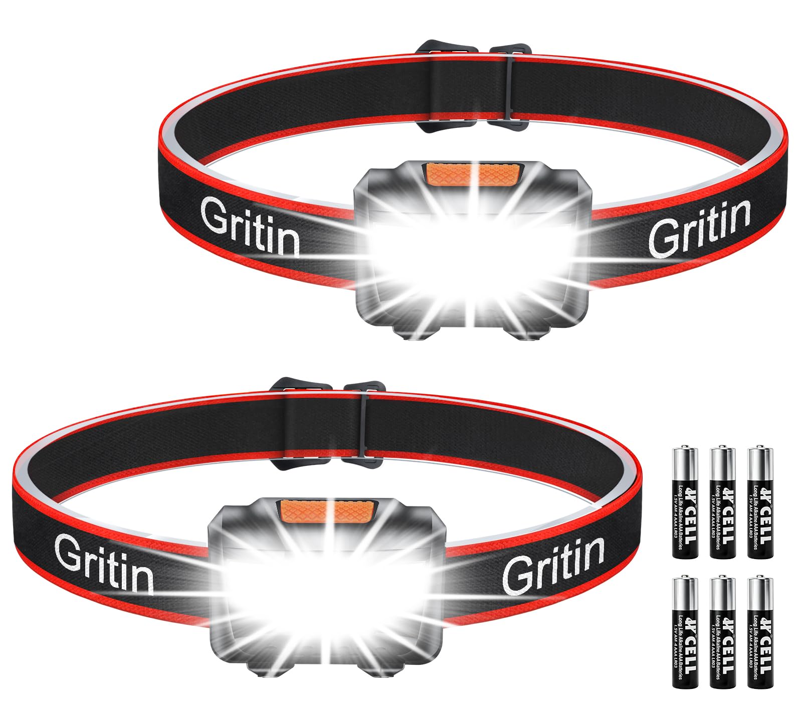 Gritin LED Head Torch, [2 Pack] Super Bright Headlamp Headlight with 3 Modes, Waterproof, Battery Powered LED Lightweight for Camping, Outdoors, Emergency, Running [6 AAA Batteries Included]