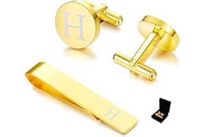 Diamday Cuff Links and Tie Clips Set Personalized Cufflinks for Men Silver Gold Initial Cufflinks Men's Link Shirt Studs Tie Letter Tie Clips and Cufflinks Set with Box Groomsmen Gift for Him