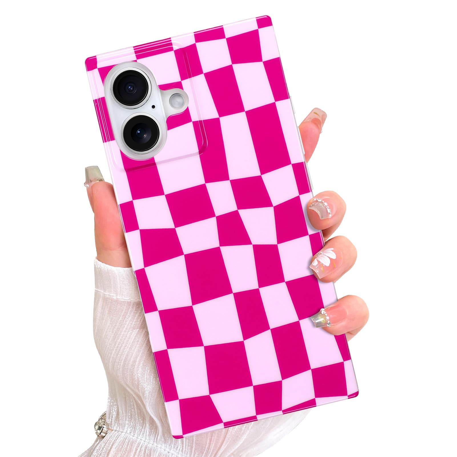 AIGOMARA Magnetic Rectangle for iPhone 16 Case, Compatible with Magsafe, Cute Checkered Design for Women Girls, Stylish Glossy Protective Shockproof Phone Cover, Hot Pink