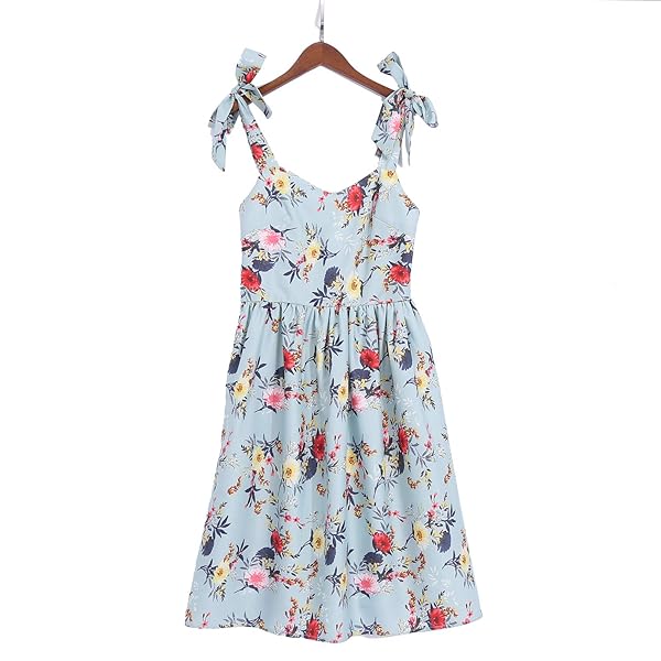 POPREAL MOMMY AND ME FLORAL PRINTED DRESSES SHOULDER STRAPS BOWKNOT CHIFFON SLEEVELESS MATCHING OUTFITS LIGHT GREEN