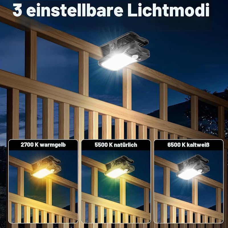 Solarlampen für Außen mit Bewegungsmelder, 4 Stück Clip-on Solarleuchten mit 3 Modi und 3 Farben, USB-Aufladung und Fernbedienung, Wasserdicht Solar Lampe für Garten Zau Dachrinnen Beleuchtung — Foto 4 von 8