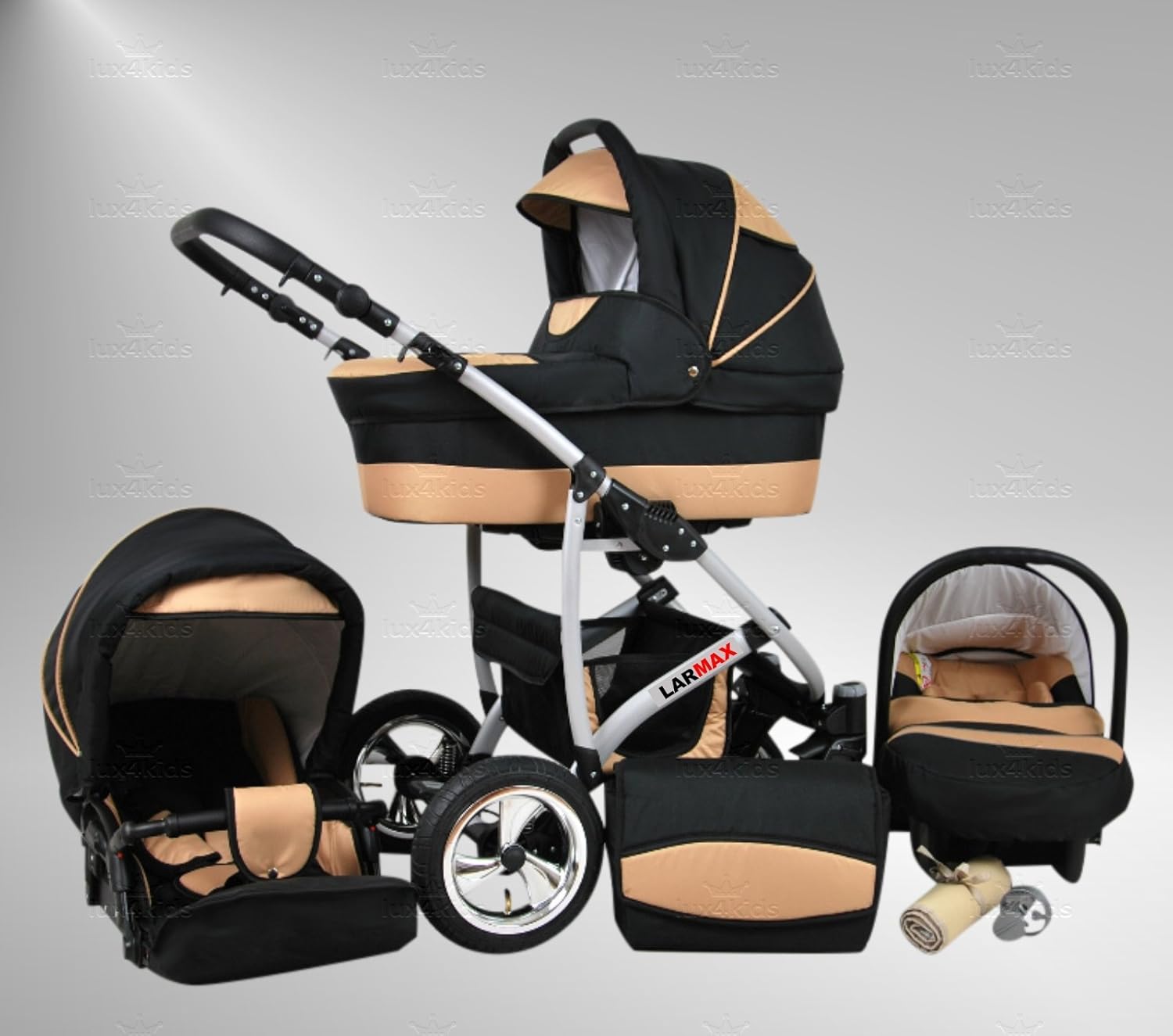 True Love Larmax Kinderwagen Komplettset (Autositz &amp; Adapter, Regenschutz, Moskitonetz, Schwenkräder) 43 Cosmic Black &amp; Sahne