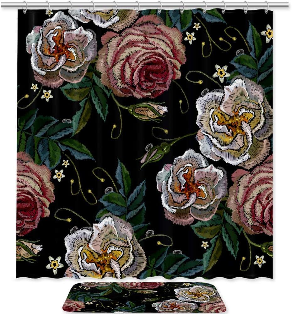 Embroidery White Pink Roses Shower Curtain and Mat Set