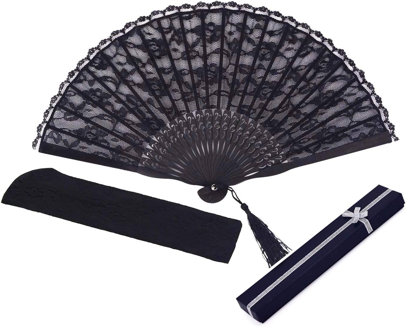 Lace Folding Fan, Handheld Vintage Retro Bamboo Wood Folded Fan with Exquisite Lace Pouch and Gift Wrapping Box for Women (Black)