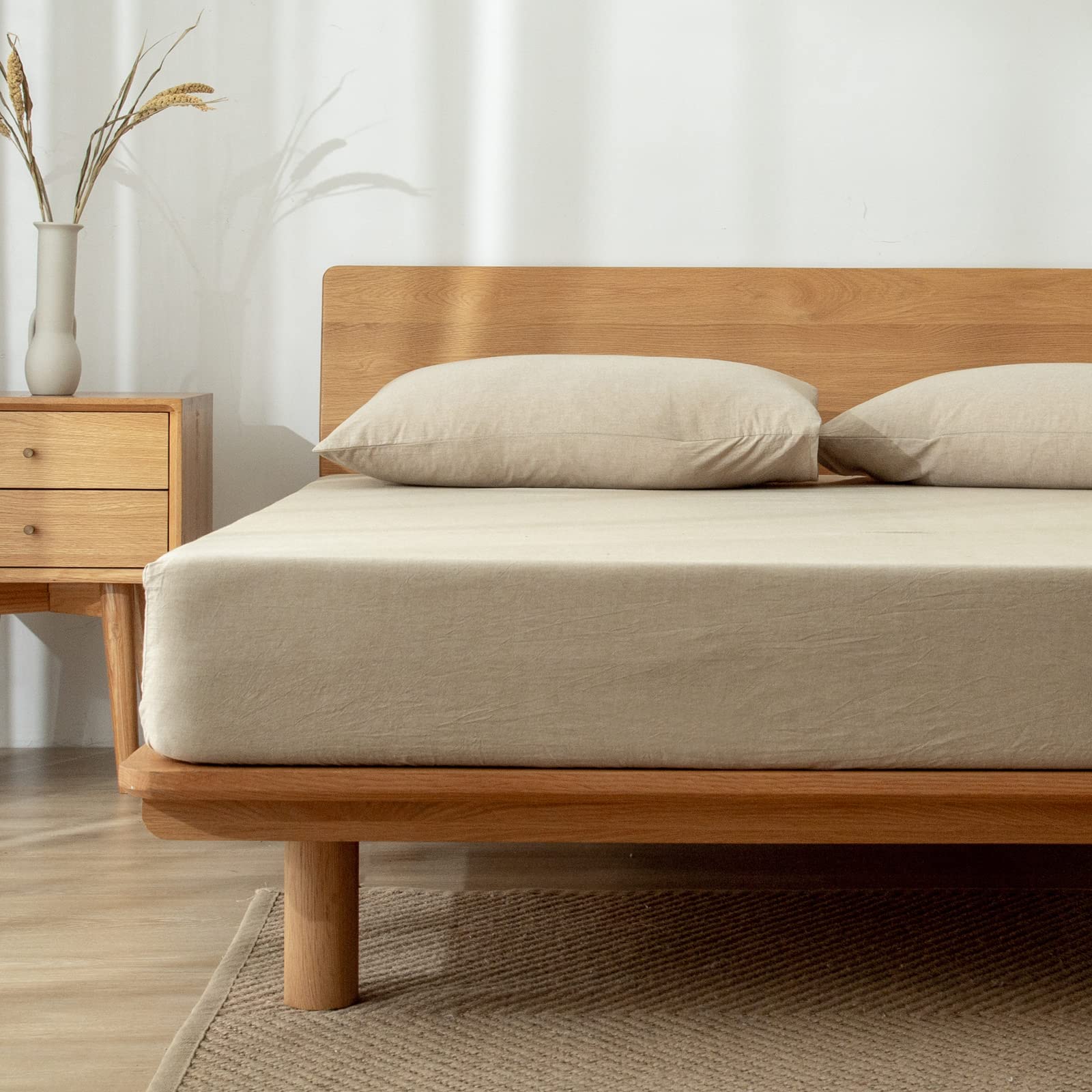 Photo 1 of TIPTOE BEAR Fitted Bed Sheets 100% Washed Cotton Ultra Soft Slightly Wrinkle Linen Feel Breathable Deep Pocket, 1 Fitted Sheet Only (Beige, Queen)
