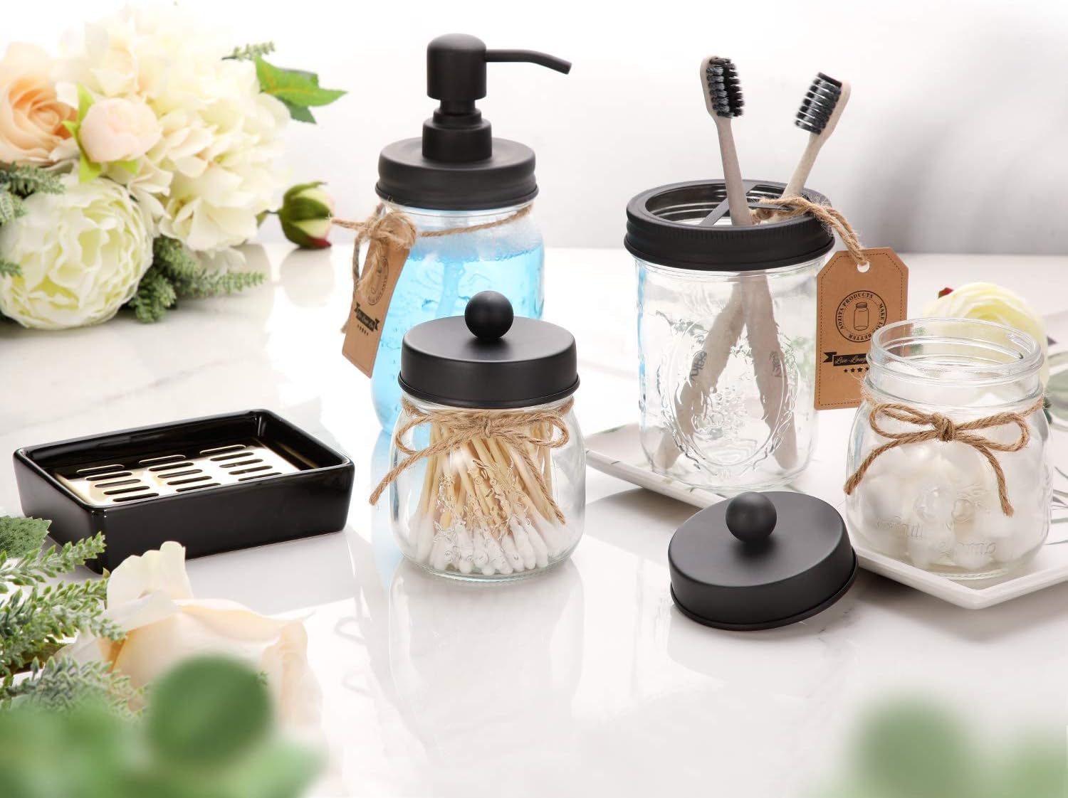 AOZITA Mason Jar Bathroom Accessories Set 5 Pcs - Mason Jar Soap Dispenser & 2 Apothecary Jars & Toothbrush Holder &Ceramic Drain Soap Dish - Rustic Farmhouse Decor, Bathroom Home Decor, Black: Home & Kitchen