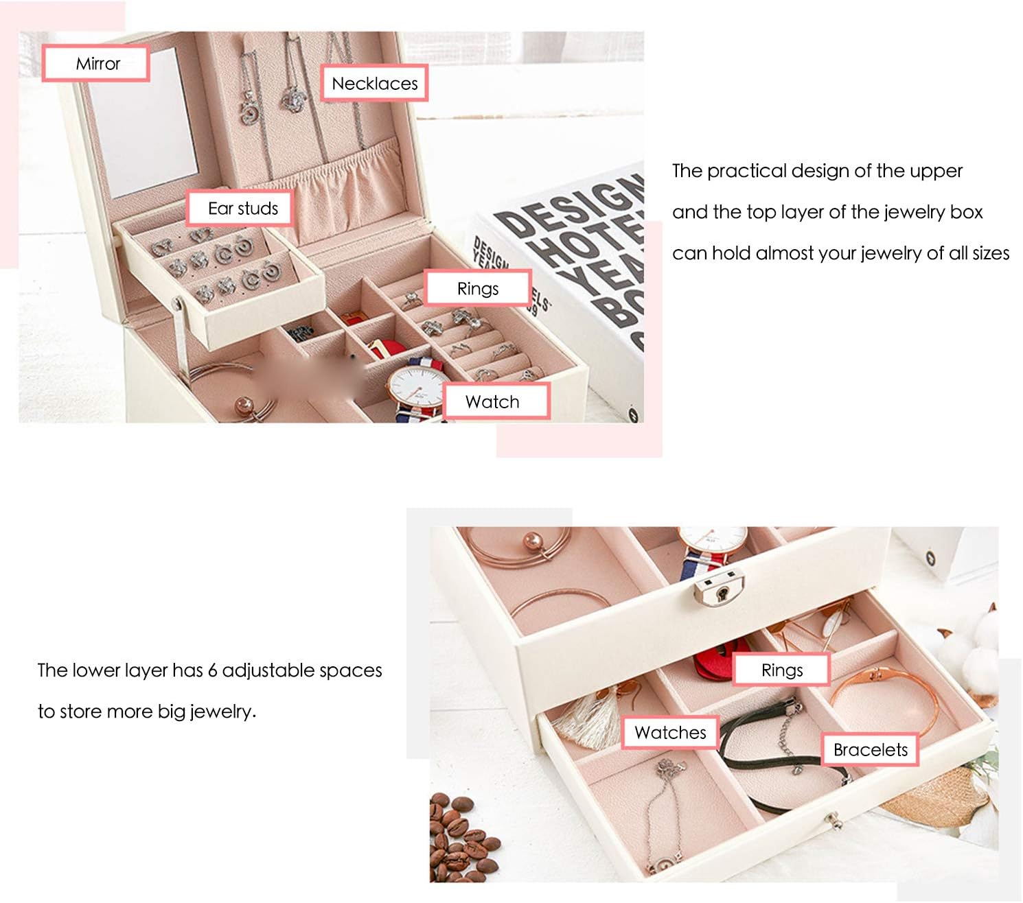 Lockable Jewelry Box,3-layers PU Leather Jewelry Organizers for Women ,Jewelry Display for Rings Earrings Necklaces Watches, White: Home Improvement