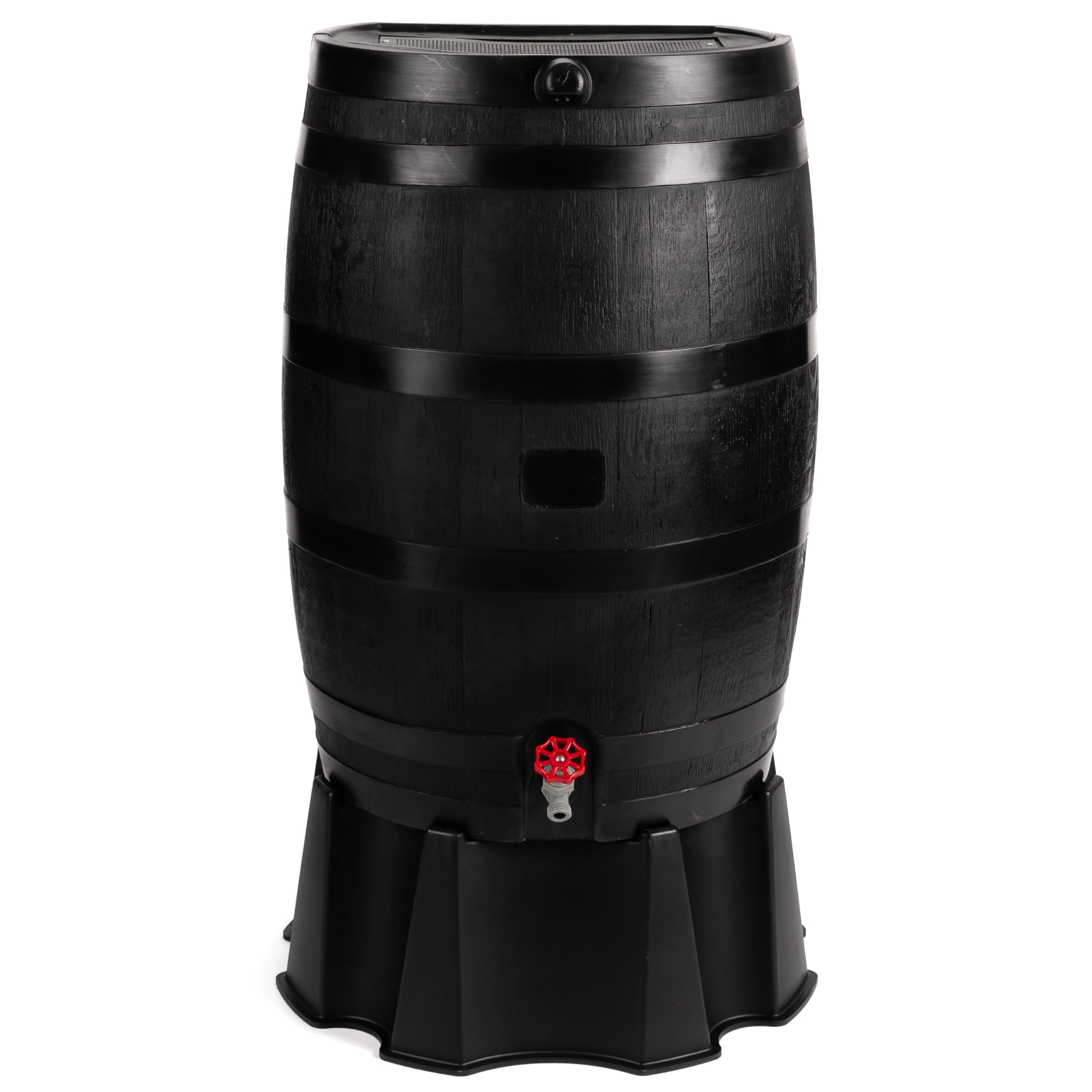 Photo 1 of ***MISSING STAND***RTS Home Accents 50-Gallon ECO Rain Barrel Made with 100% Recycled Plastic, Flat Back Rain Water Collection Barrel, Stand Included, Black