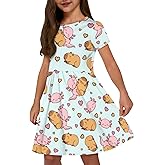 Pointodoor Girls Short Sleeve Dresses Summer Twirly Skater Dress with Pockets for 2-14 Years Old
