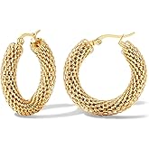 14K Gold Plated Link Filigree Hoop Earrings Titanium Hypoallergenic Chunky Gold Hoops