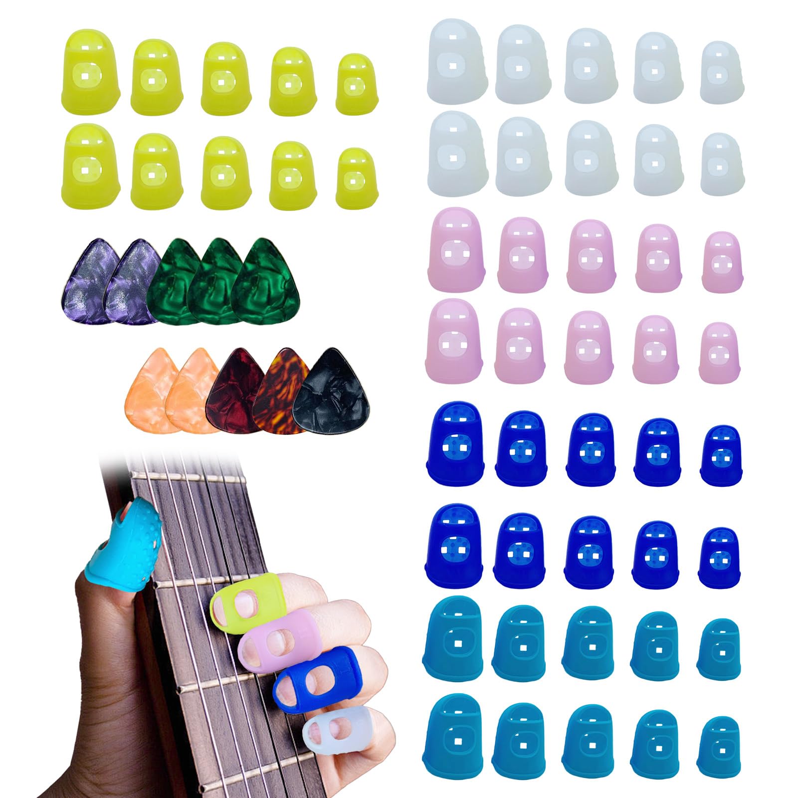 50pcs Guitar Silicone Finger Protector, Finger Picks for Acoustic Guitar, Finger Protectors for Guitar Players (White, light blue, dark blue, pink, yellow)