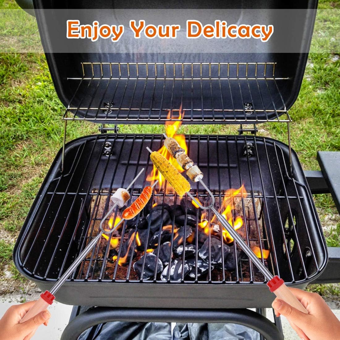 Marshmallow Roasting Sticks, Smores Sticks for Fire Pit with Wooden Handle, Stainless Steel Telescoping Roasting Sticks, 32 Inch Extendable BBQ Forks for Fire Pit, Campfire and Sausage BBQ Set of 8 : Garden & Outdoor