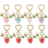 Wchoicsy 8 Pack Mini Strawberry Keychain, Kawaii Heart KeyChain with Bee and Green Leaf, Strawberry Keychains Bag Charm for Purse