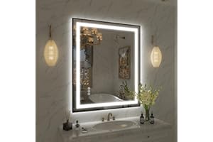 OKPAL 30x36 Framed LED Bathroom Mirror, Black Lighted Mirrors for Bathroom Wall, Front and Backlit LED Vanity Mirror, Dimmable, Anti-Fog, Memory, Shatterproof, Horizontal/Vertical