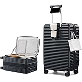 HanTrip Hard Shell Suitcases 24 Inch Check in Luggage with Spinner Wheels Cup Holder, Lightweight Top Opening Expandable Luggage Hard Case Rolling Medium Checked Suitcase with Lock, Black