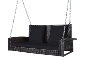 Tangkula 2-Person Wicker Hanging Porch Swing, Patiojoy Outdoor Rattan Swing Bench W/ 2 Back Cushions & 1 Seat Cushion, Sturdy