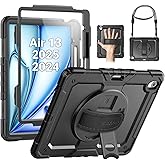 SEYMAC for iPad Air 13 Inch Case M3 2025/ M2 2024, Heavy Duty Shockproof Protective Case with Screen Protector, 360° Rotating Stand, Hand/Shoulder Strap and Pen Holder for iPad Air 13, Black