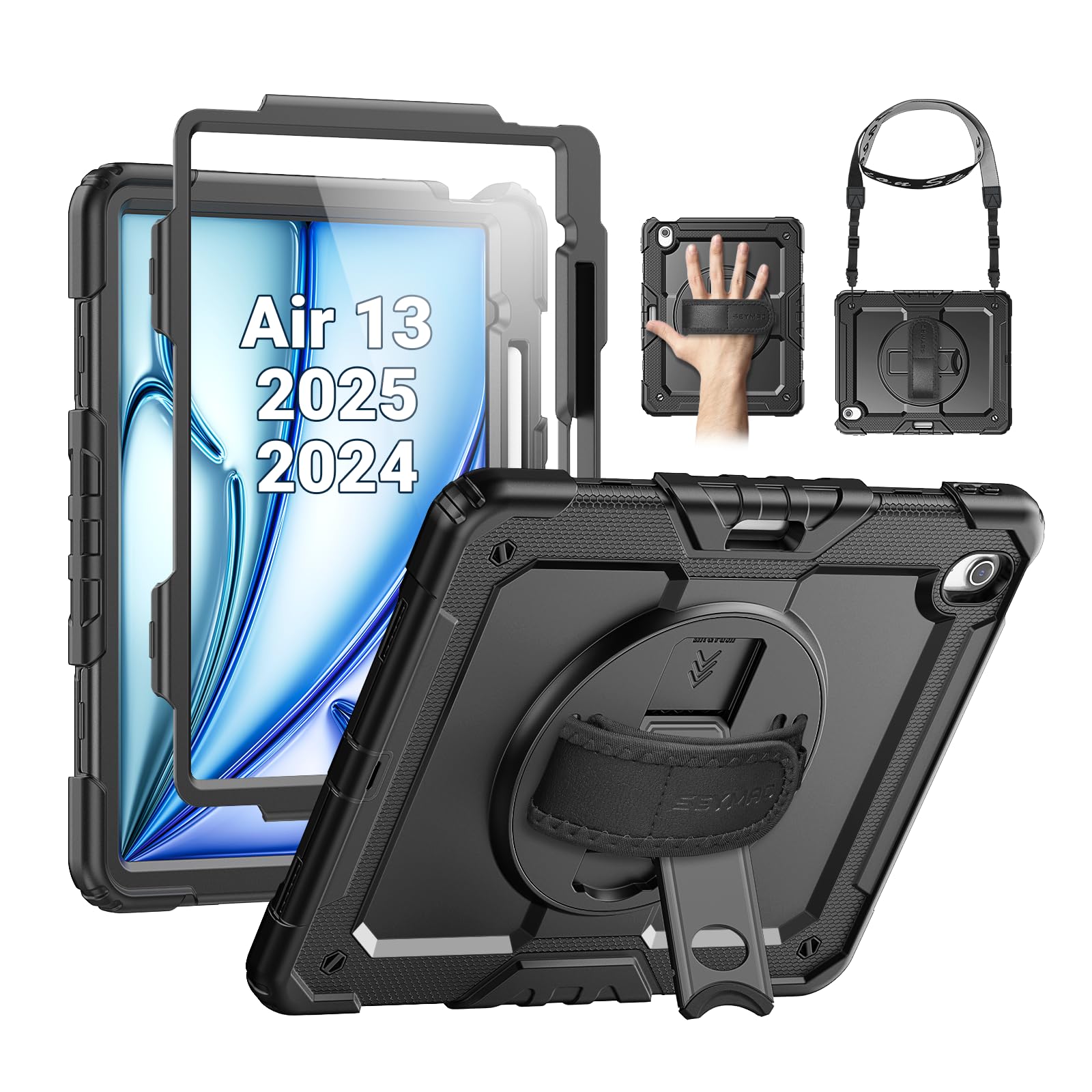 Photo 1 of SEYMAC for iPad Air 13 Inch Case M3 2025/ M2 2024, Heavy Duty Shockproof Protective Case with Screen Protector, 360° Rotating Stand, Hand/Shoulder Strap and Pen Holder for iPad Air 13, Black