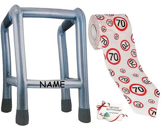 alles-meine.de GmbH 2 TLG. Set: __ Gehhilfe - ( Aufblasbar ) incl. Name + Toilettenpapier Rolle - 70. Geburtstag / siebzig un