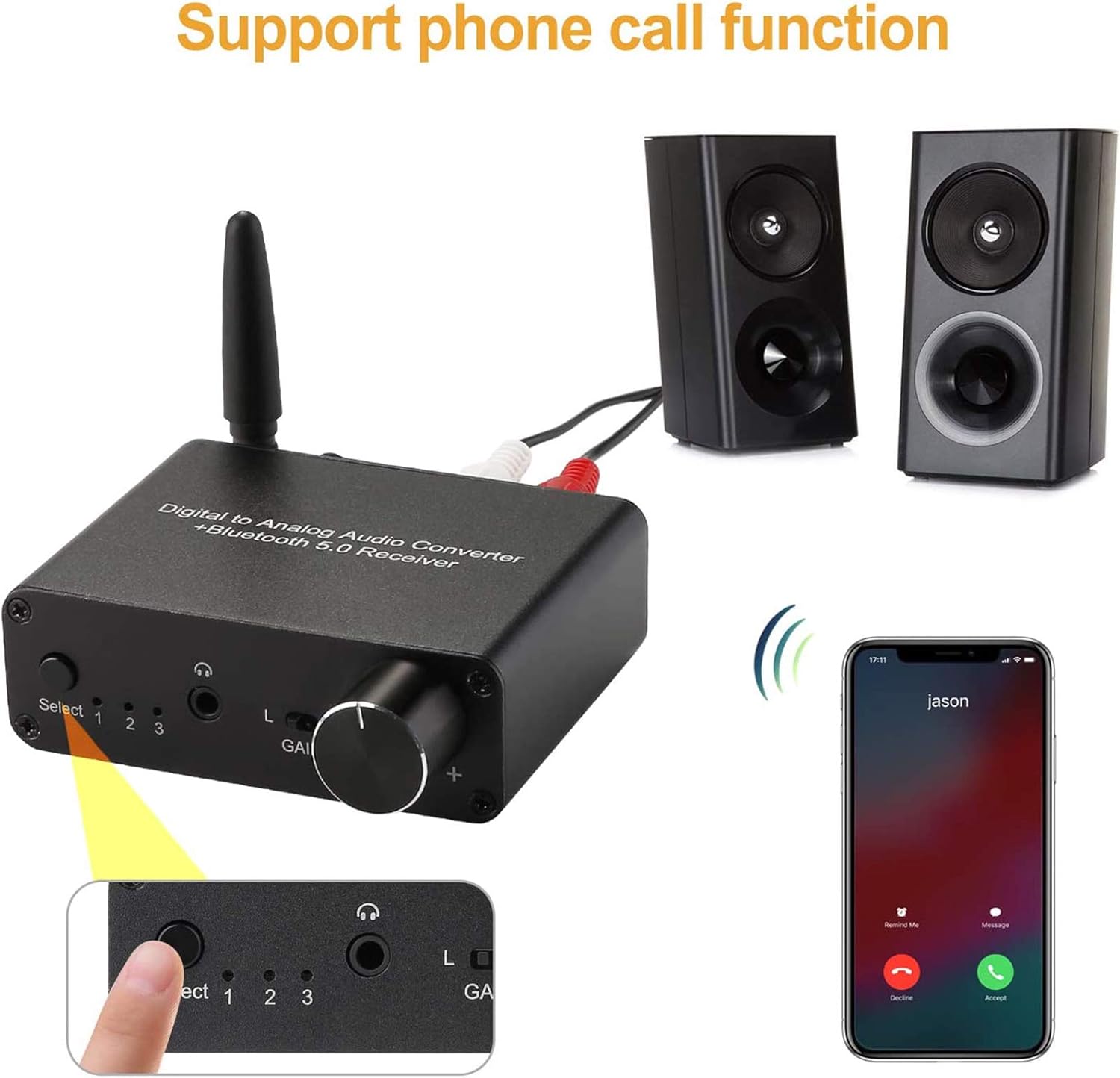 192kHz Digital to Analog Converter Bluetooth 5.0 Receiver DAC with 16-300Ω Headphone Amplifier Optical/Coaxial to RCA 3.5mm Audio Output with Volume Control for TV Phone Tablet: Home Audio & Theater