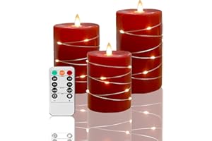 Fanzir Red flameless Candles with Remote Control Timer Battery Operated LED Pillar Candles 4‘’ 5‘’ 6‘’ Fake Candles with String Lights Set of 3 for Christmas or Special Festivals Decorations