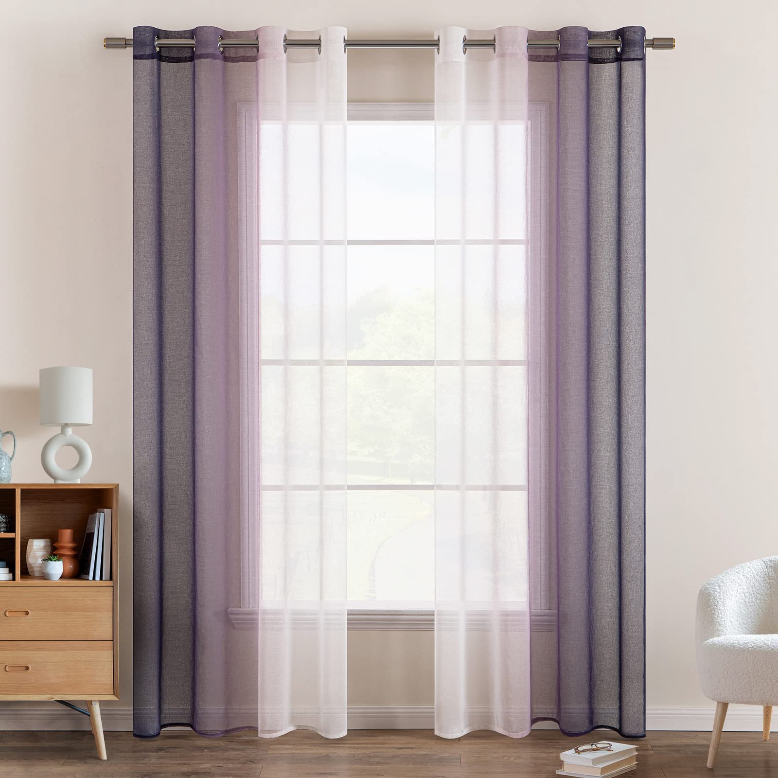EMEMA Voile Curtain Two-Tone Curtain with Eyelets Transparent Curtain Eyelet Curtain Window Curtain Translucent for Bedroom Set of 2 140 x 175 cm Purple