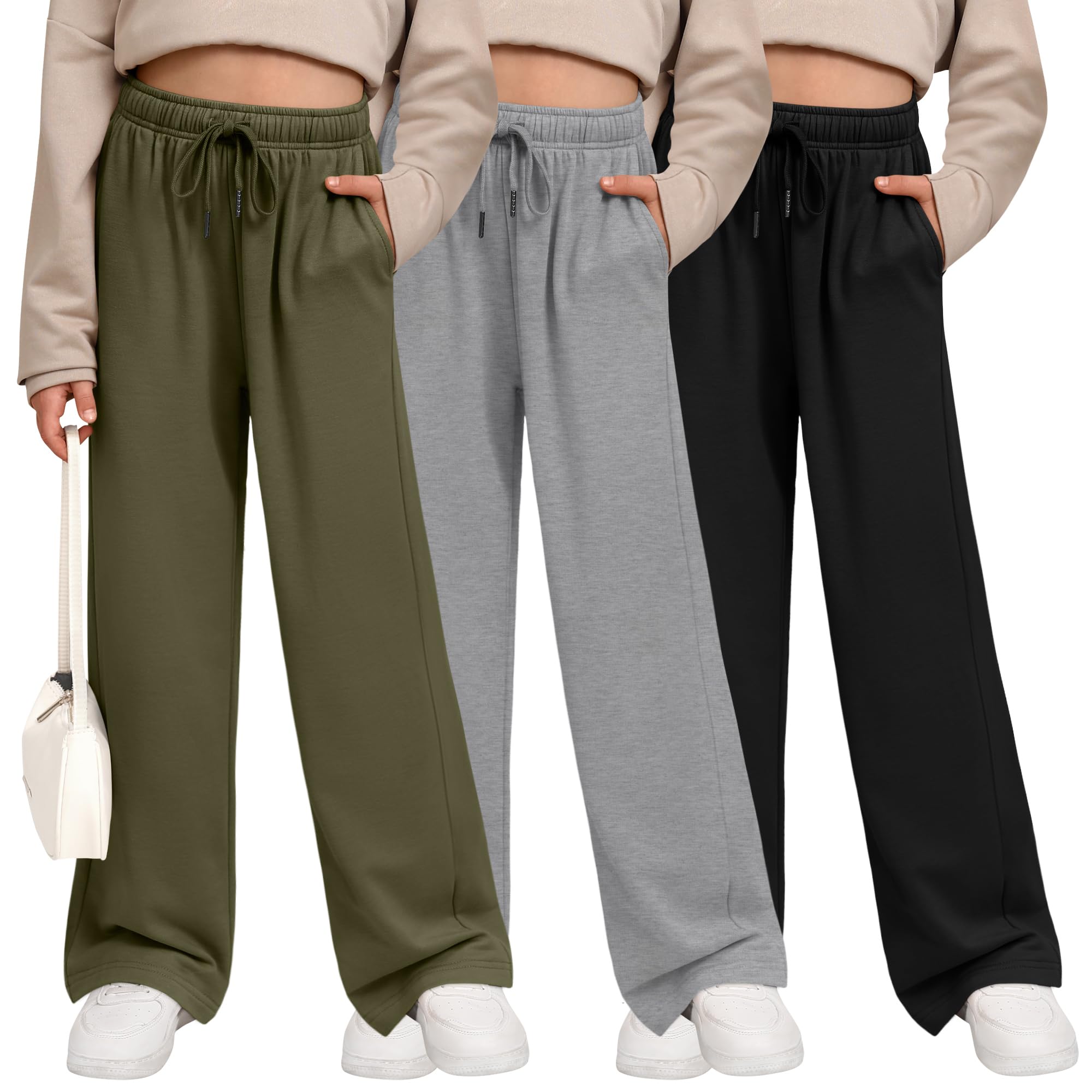 Photo 1 of LessonZoo 3 Pack Girls' Sweatpants Wide Leg Drawstring Casual Kids Joggers Open Bottom Loose Solid Teen Pants with Pockets(Army Green, Light Gray, Black,Large)