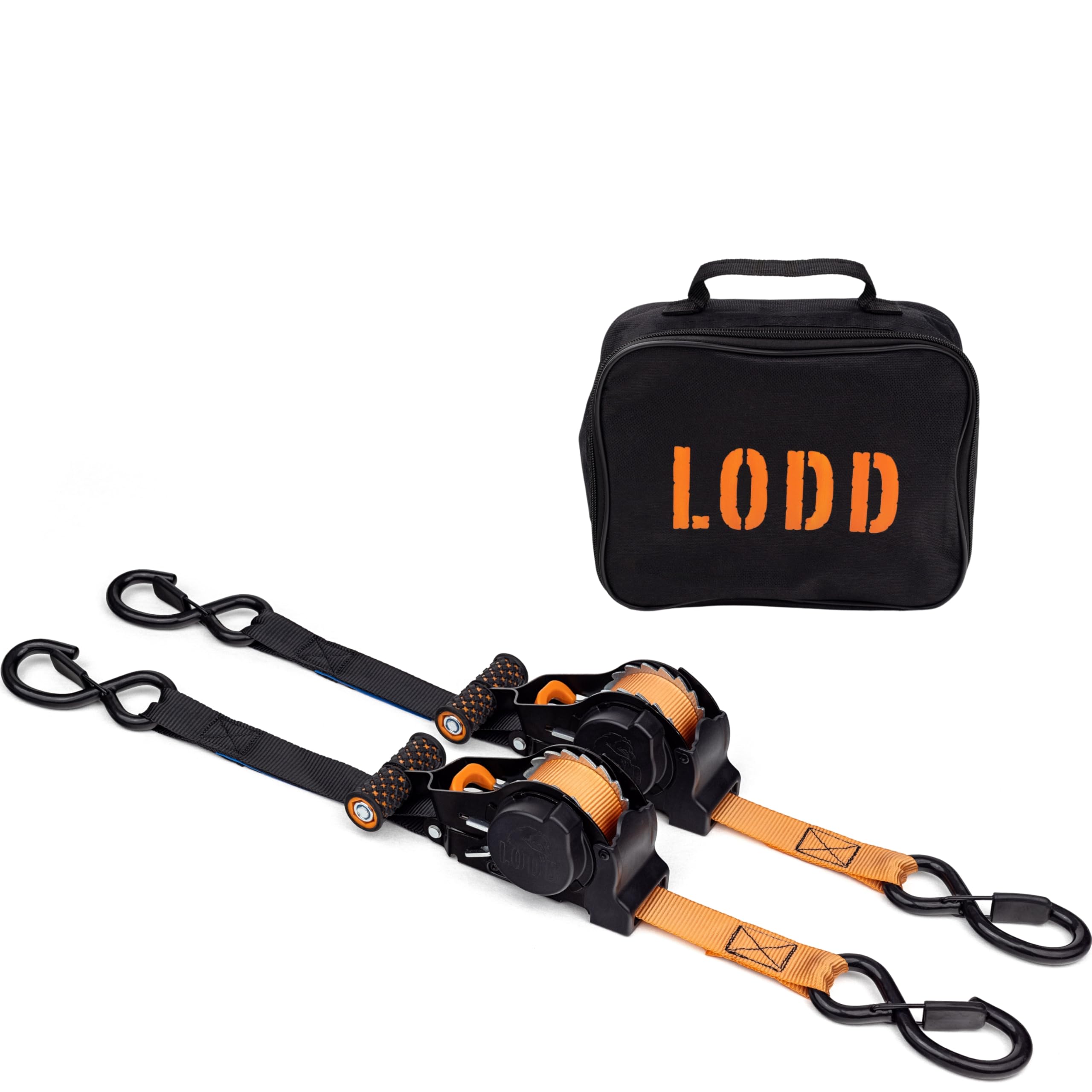 LODD - Automatic Ratchet Straps 3.2 m x 25 mm with Carry Case – 700 kg Resistance, EN12195-2 Certified, for Motorbike, Trailer or Quad Securing. Set of 2.