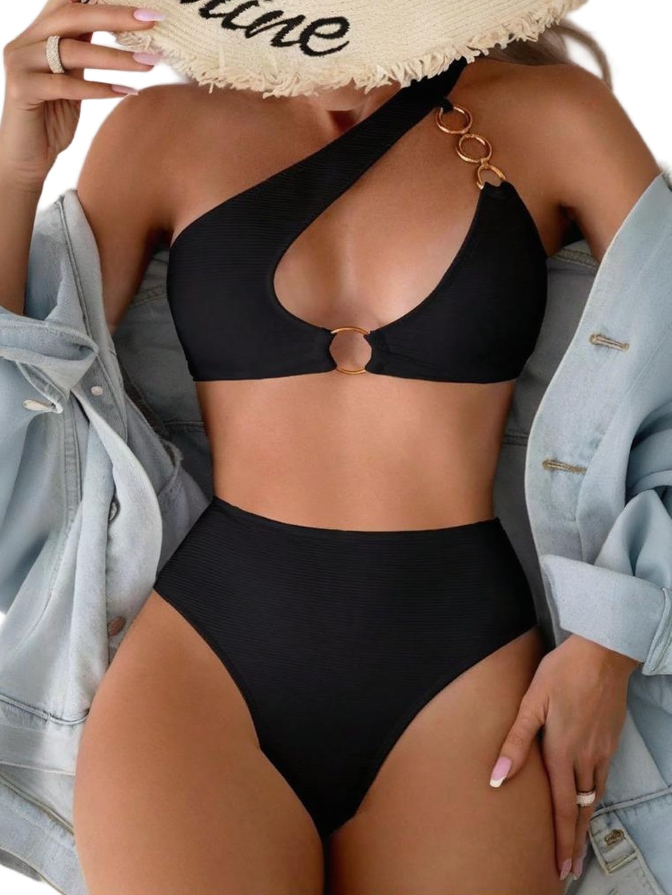 Photo 1 of SKAYS Women's Hollow Swimsuit One Shoulder Asymmetric Neckline Chain Buckle Bikini Set Black M