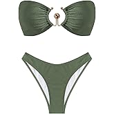 ZAFUL Womens Bandeau Bikini Set Metallic Sparkly O Ring Lace Up Tie Side High Cut Tanga Sexy Bathing Suit Swimwear