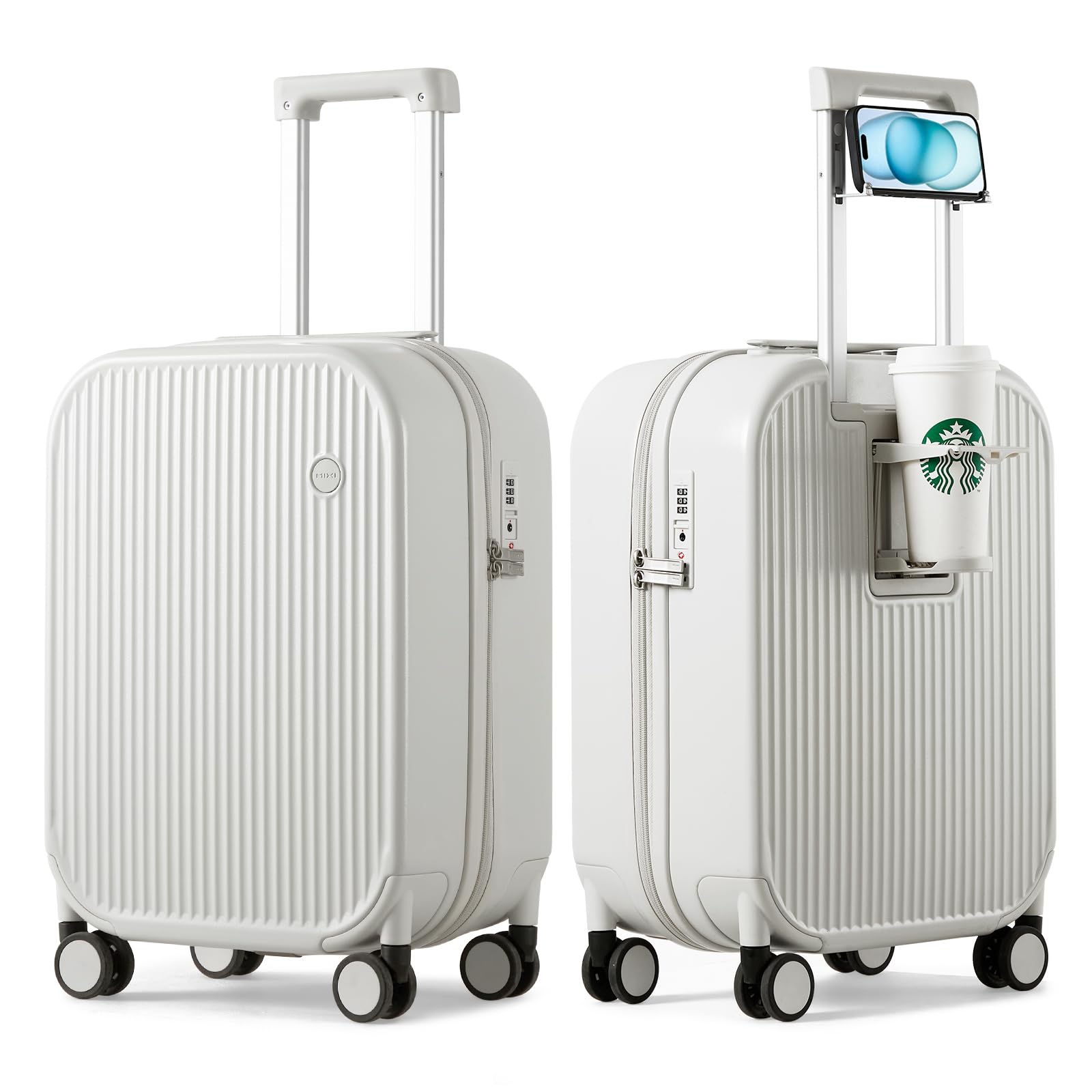 mixi Carry On Luggage with Cup Phone Holder Hard Shell Rolling Travel Suitcase with Spinner Wheels,20 Inch Smoke White