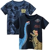 Toddler Boys Tshirts Kids Dinosaur Shirts Boy Striped Animal Car Tractor Summer Tops Clothes 2-7T 2 Pack.