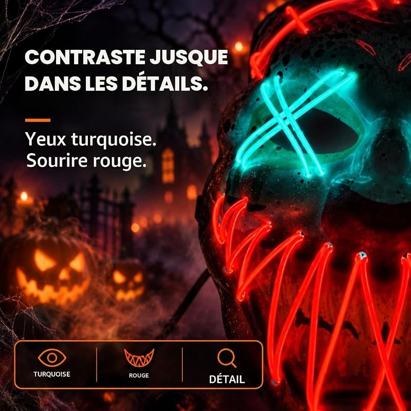 Masque de clown LED pour Halloween - Contrôlable à partir de Purge - Visage lumineux - Pour Halloween, déguisement et carnaval - En tant que costume pour homme et femme (choix — photo 3 sur 6