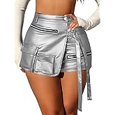 KANSOON Women Leather Shorts Metallic High Waisted Cargo Skort Sexy Rave Asymmetrical Skirt Skorts