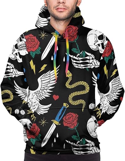 Amazon ポケット付きメンズ人気パーカーオールドスクールタトゥーラインパターンスウェットシャツ トレーナー パーカー 通販