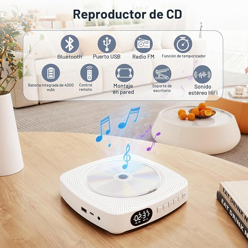 Leitor de CD Bluetooth portátil para casa e exterior, com colunas, bateria recarregável de 4000 mAh, rádio FM, USB, comando remoto, suporte de parede e suporte de mesa