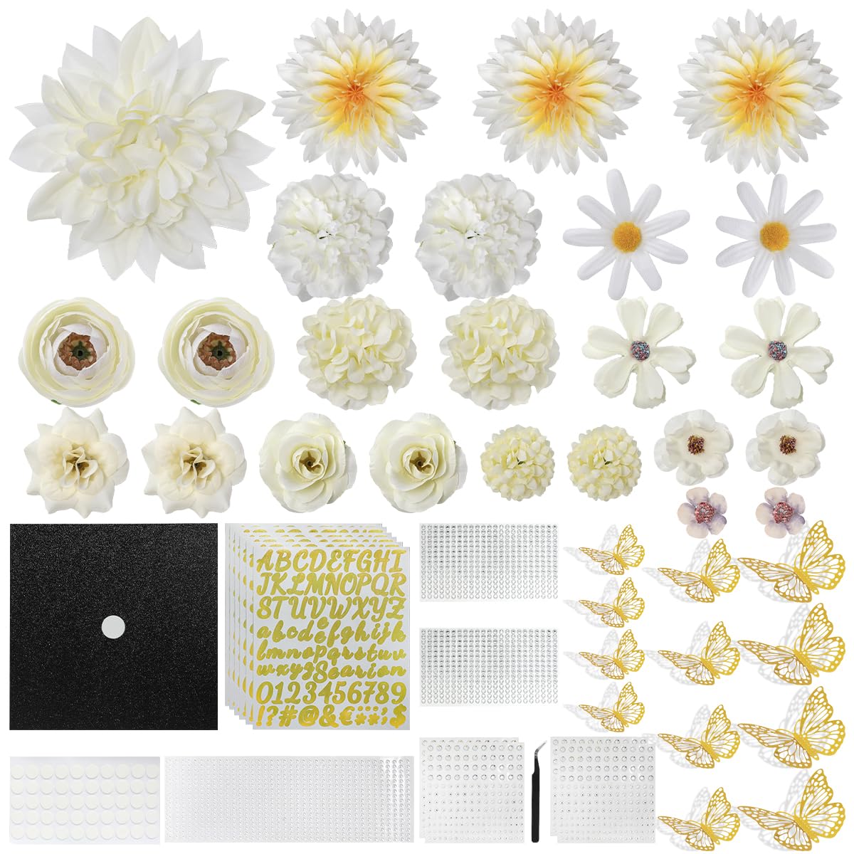 Photo 1 of ALKB White Graduation Cap Decorations Kit, DIY Grad Cap Topper with Faux Flower, Gem Pearl Letter Sticker,3D Butterfly, Glitter Paper