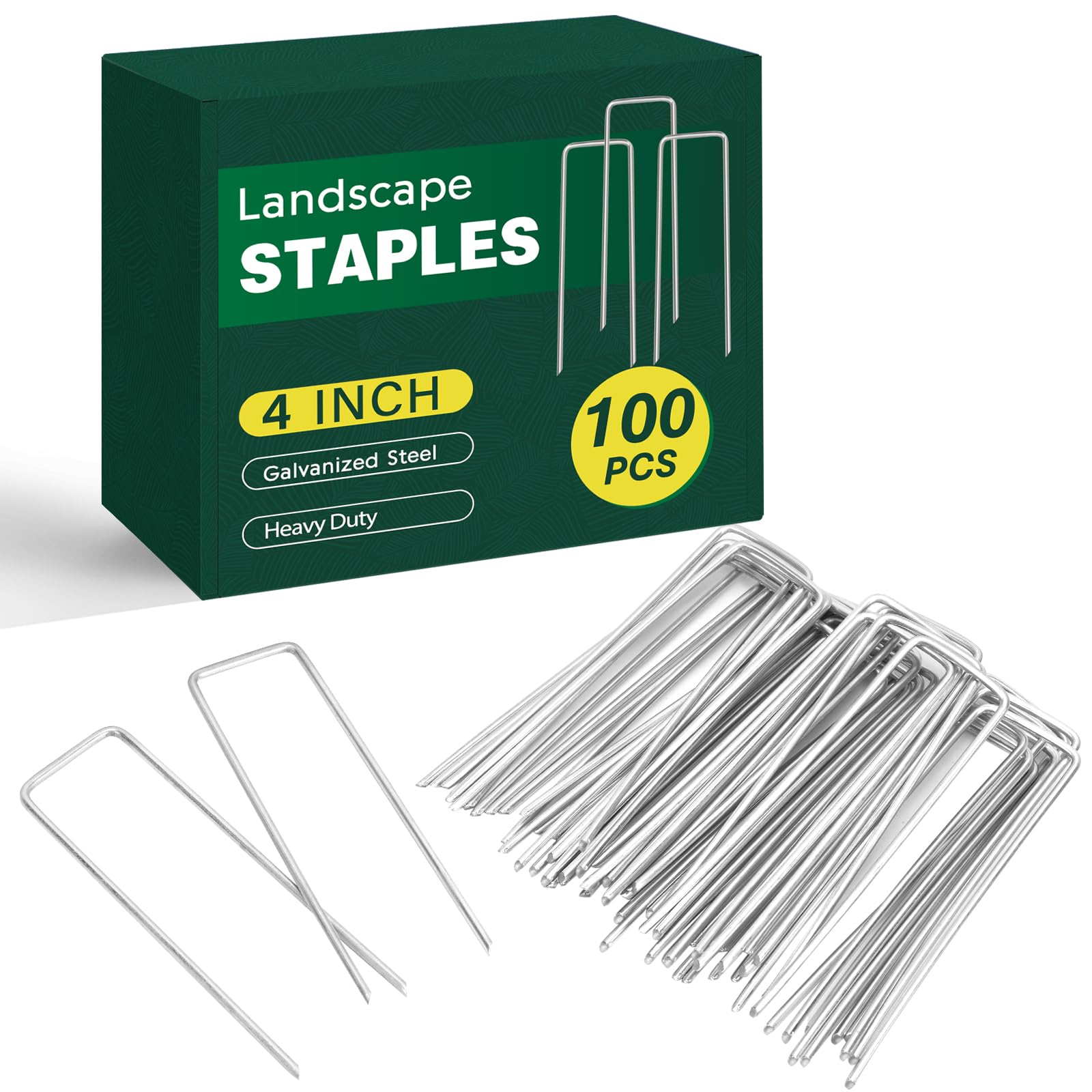Photo 1 of CEWOR 100 Pack Landscape Staples 4 Inches, Galvanized Garden Stakes Landscape Staples Fabric Pins Lawn Stakes for Barrier Fabric, U-Type Heavy Duty